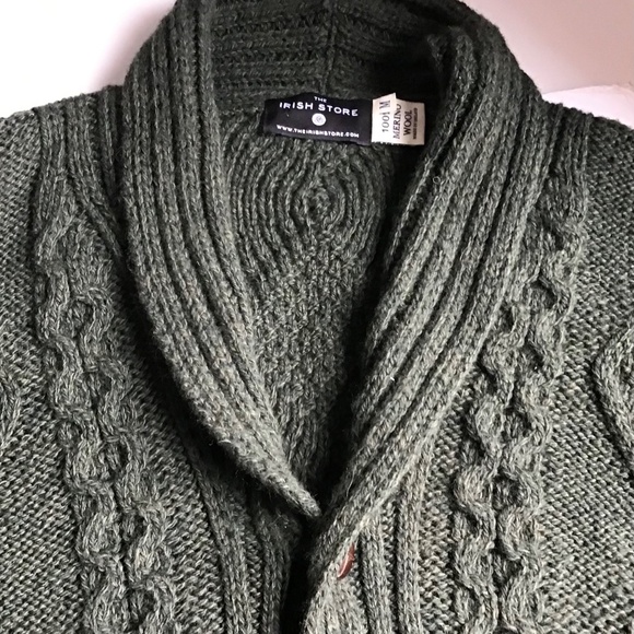 Men’s Heritage Aran Shawl Collar Button Cardigan olive green made Ireland 🇮🇪 - Picture 5 of 14